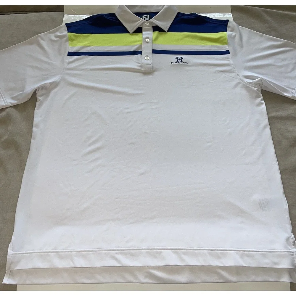 Foot Joy FJ Golf Polo Shirt Mens XL White Blue Green Stretch‎ W/Black Hawk Logo